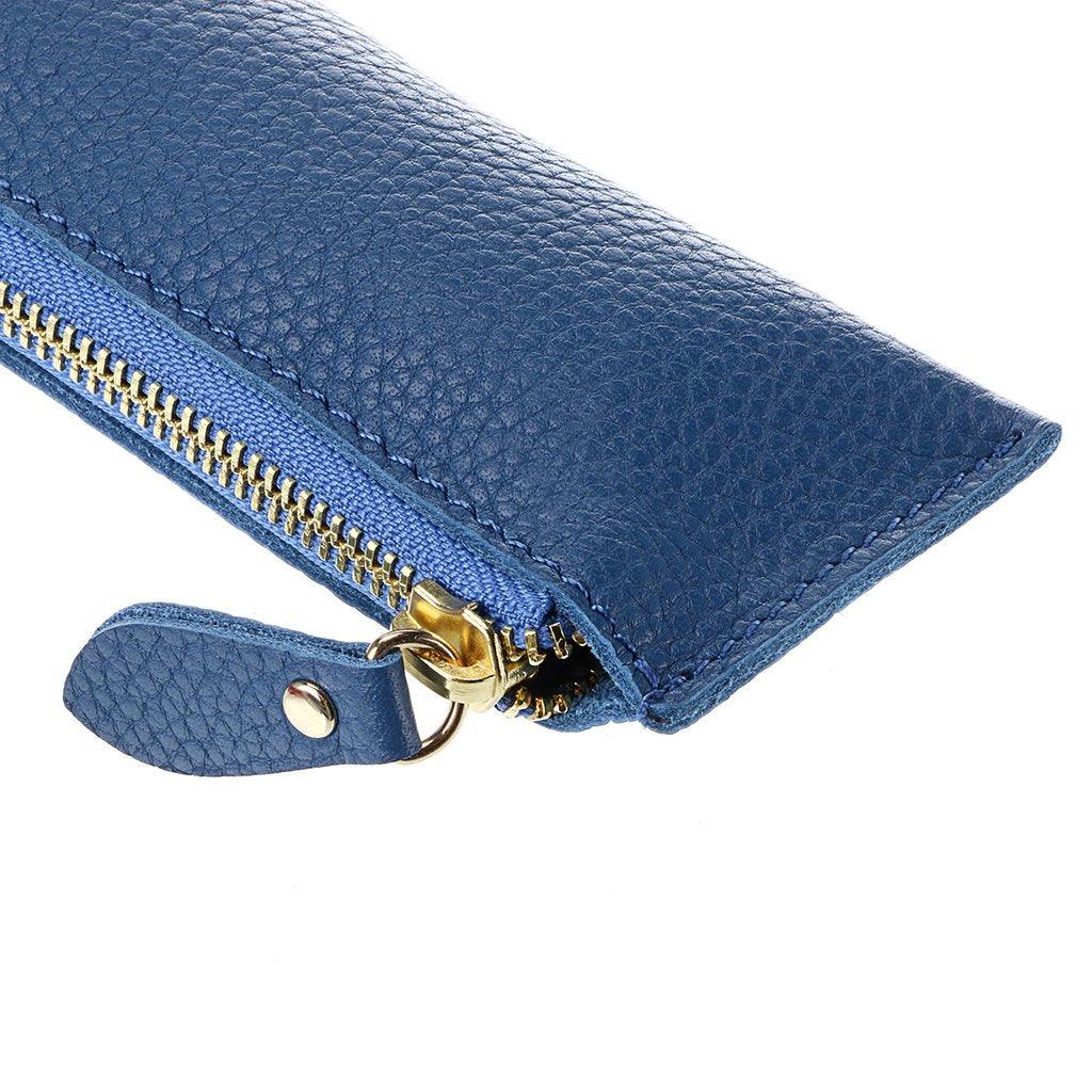 BTSKY Genuine Leather Pencil Case - Zippered Pen Case Stationery Bag Zipper Pouch Pencil Holder(Blue)