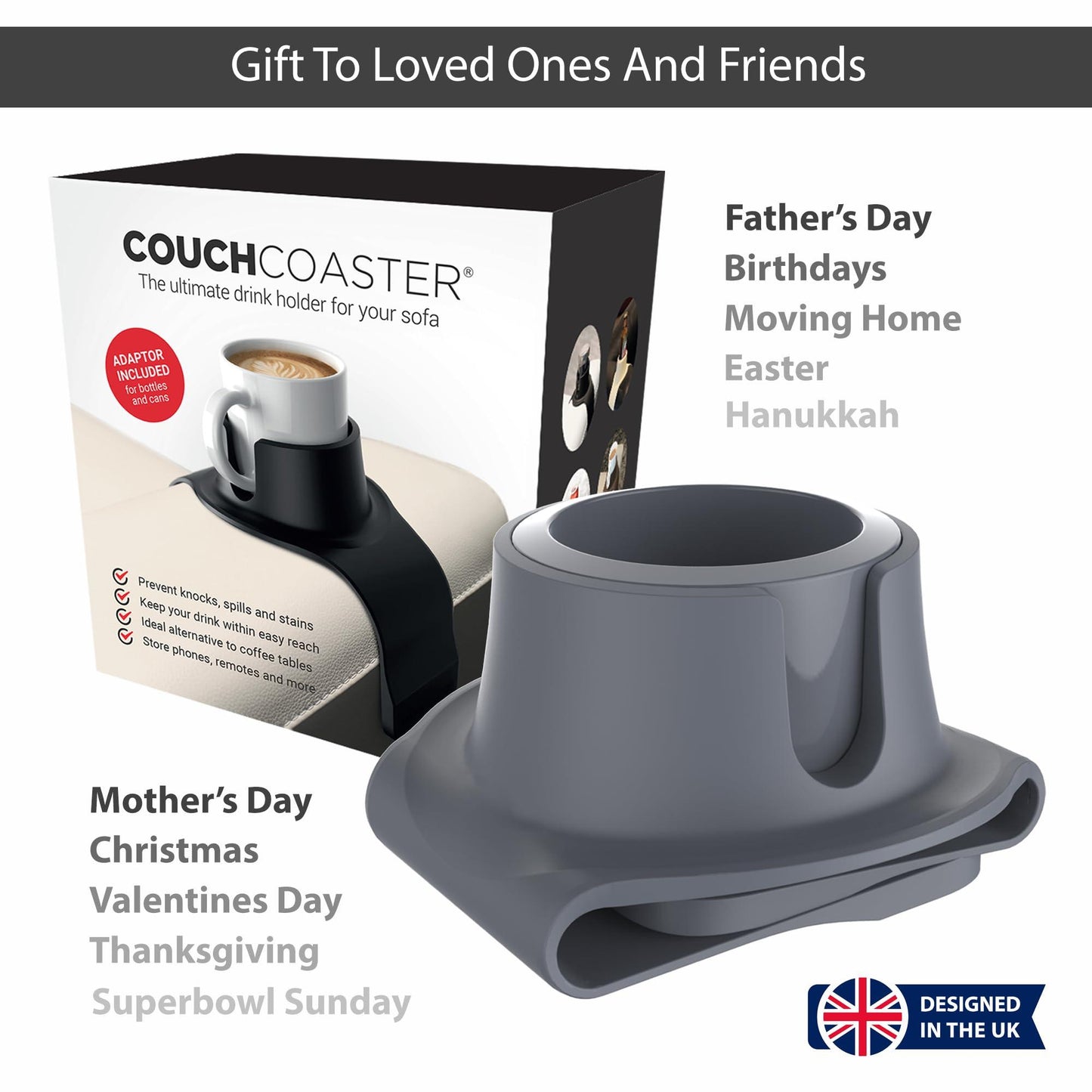 HIT PRODUCTS CouchCoaster - Original & Patented Armrest Couch Cup Holder, Steel Grey - A Weighted, Silicone, Anti Slip Coaster Stops Spills On Your Sofa, Armchair Or Recliner & Keeps Drinks in Reach