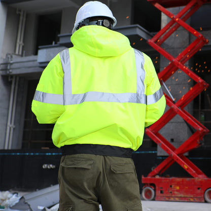 Mens High Visibility Jacket Waterproof with Hood, Reflective Hi Vis Winter Jacket, Safety Work Yellow Jackets for Men