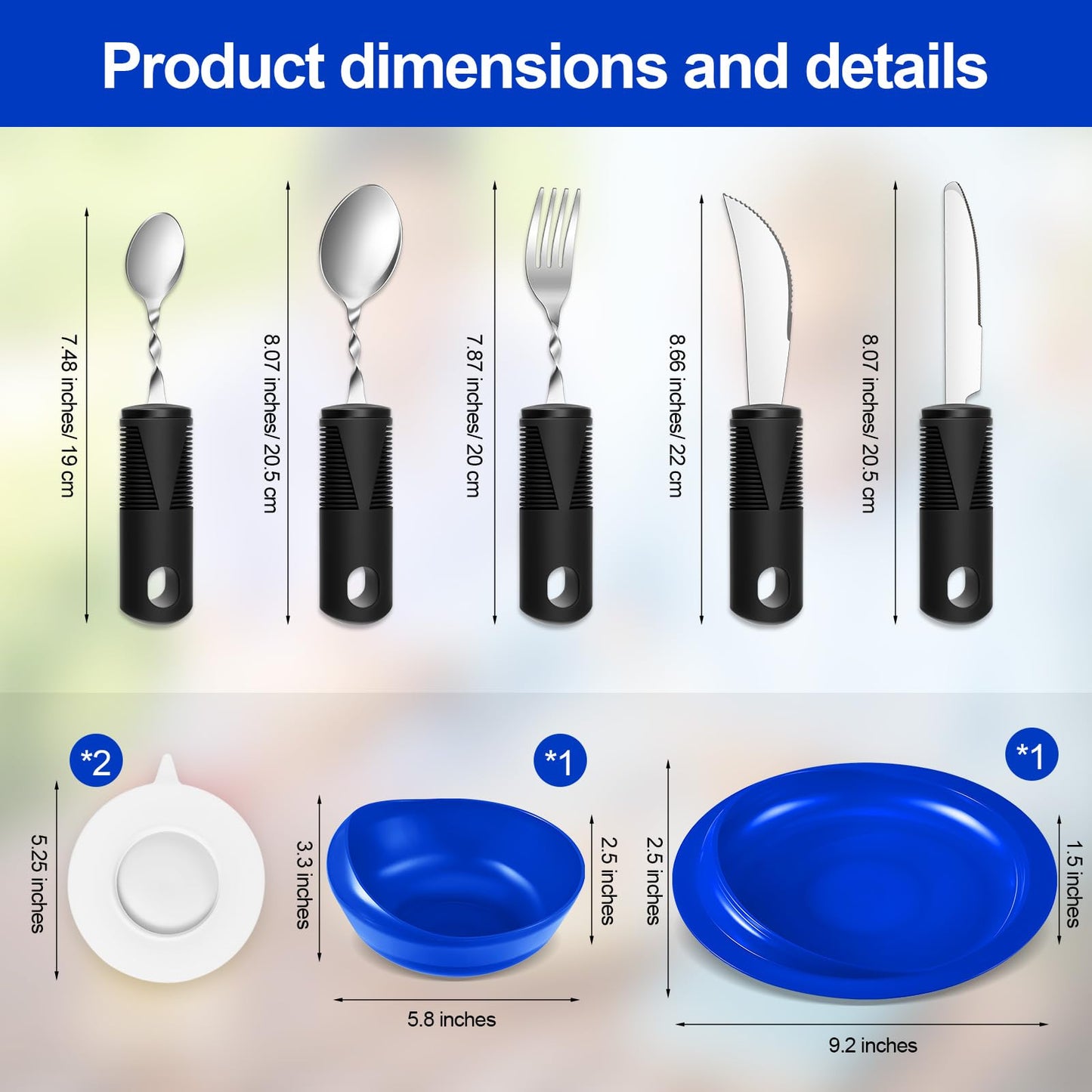 2 Sets Adaptive Utensils for Elderly Bowl and Plate Set Adaptive Self Feeding Dinnerware with Suction Base Non Slip Bendable Cutlery for Elderly Disabled People Accessory Supplies(Blue)