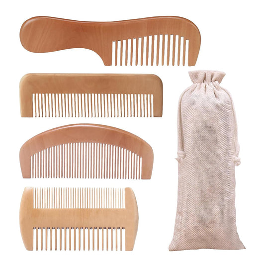 4 Pcs Natural Bamboo Comb Set for Women & Men - Wide Tooth Detangling, Beard & Labor Combs for Curly, Thick, Wavy Hair with Gift Bag