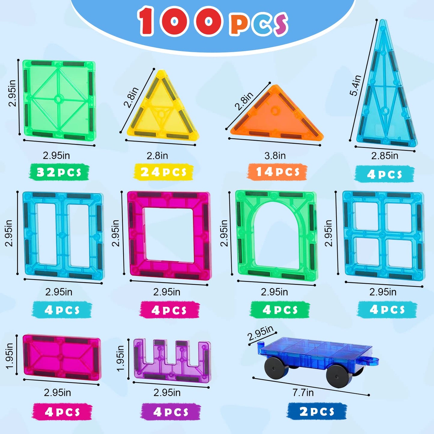 Gemmicc Magnetic Tiles 100 PCS w/ 2 Cars, STEM Approved Educational Magnet BuildingToys, Magnet Puzzles Stacking Blocks for Boys Girls