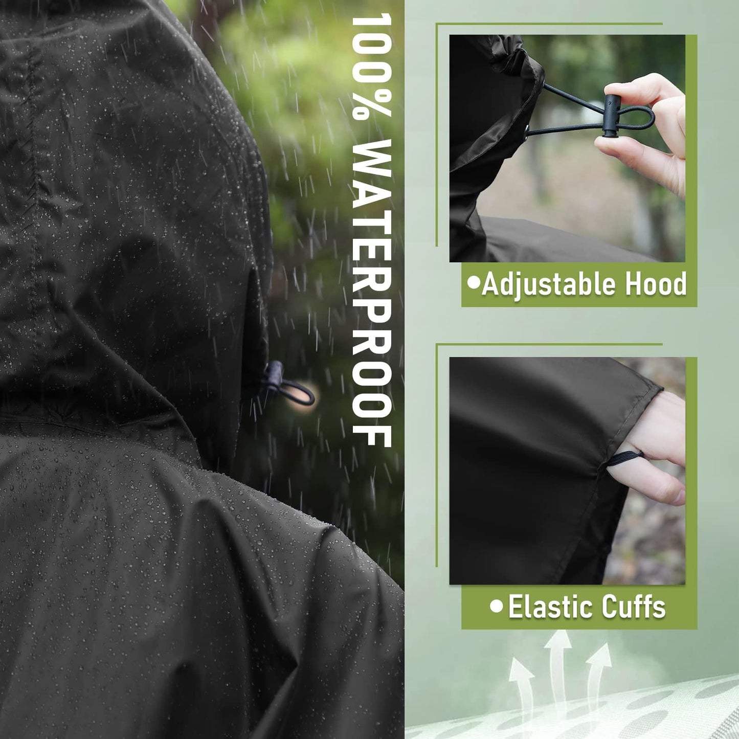 Unisex Rain Poncho Raincoat Hooded for Adults Women with Pockets(Black)