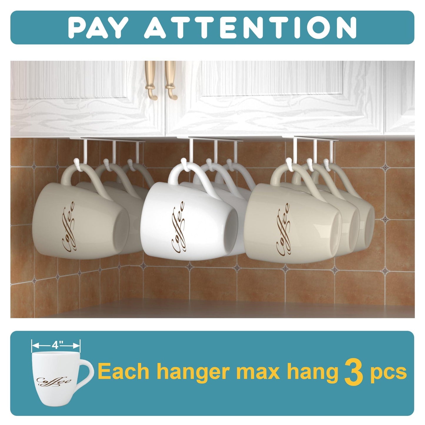 ECROCY Mug Holder Under Cabinet - 3pcs Mug Organizer for Kitchen, Fit for 1 Inch Thickness Shelf or Less - Only Suitable for Flat Buttom Cabinet Without Any Lip