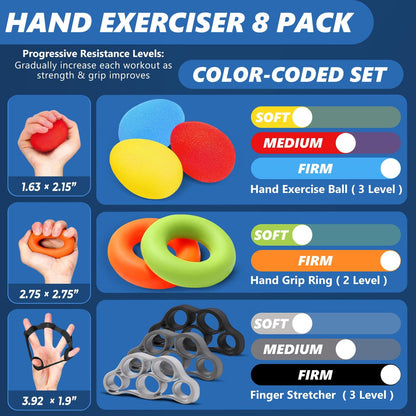 roygra Hand Grip Strengthener, Finger Exerciser, Multiple Resistance Levels Kit - 3 Types, Set of 8