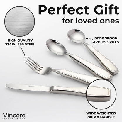 Weighted Utensils for Tremors and Parkinsons, Heavy Weight Stainless Steel Silverware Set, Adaptive Eating Flatware Helps Hand Tremors, Parkinsons Aids for Living, Arthritis - Knife, Fork, Spoons, 7oz