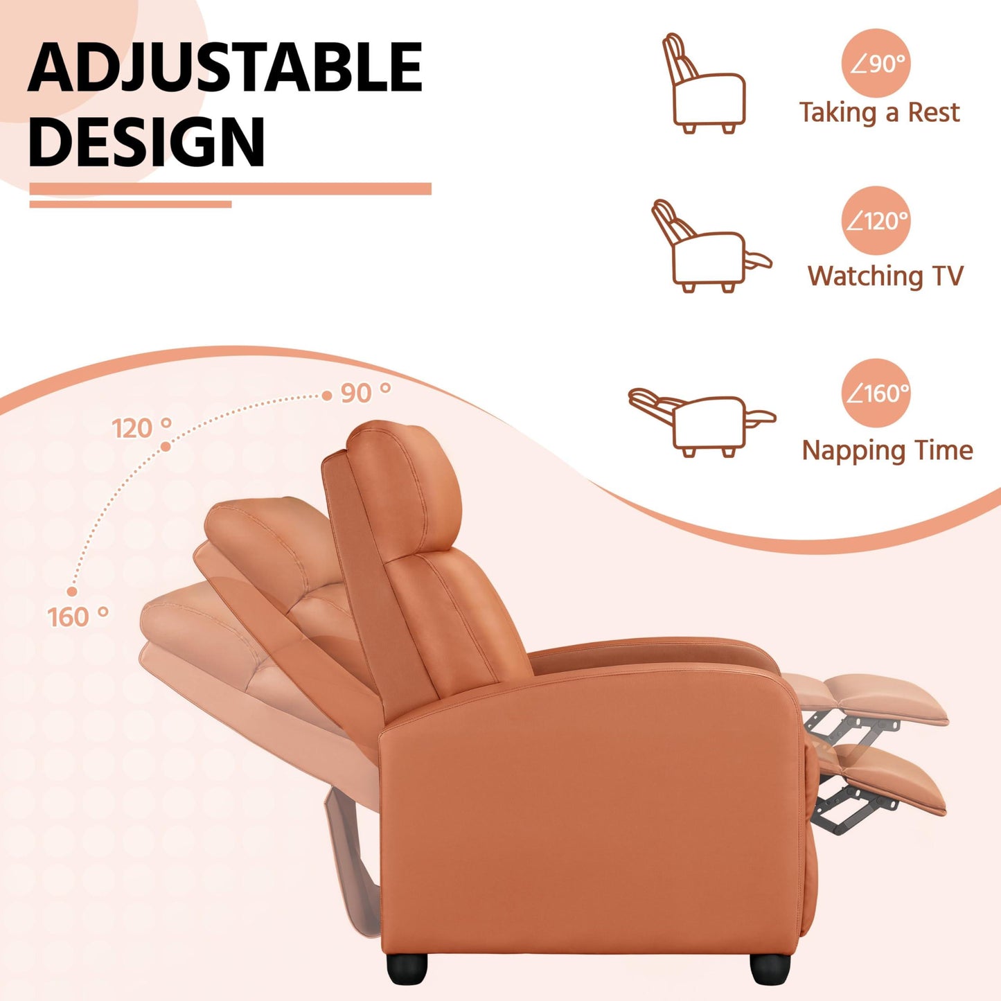 Yaheetech Recliner Chair PU Leather Recliner Sofa Home Theater Seating with Lumbar Support Overstuffed High-Density Sponge Push Tan Recliners