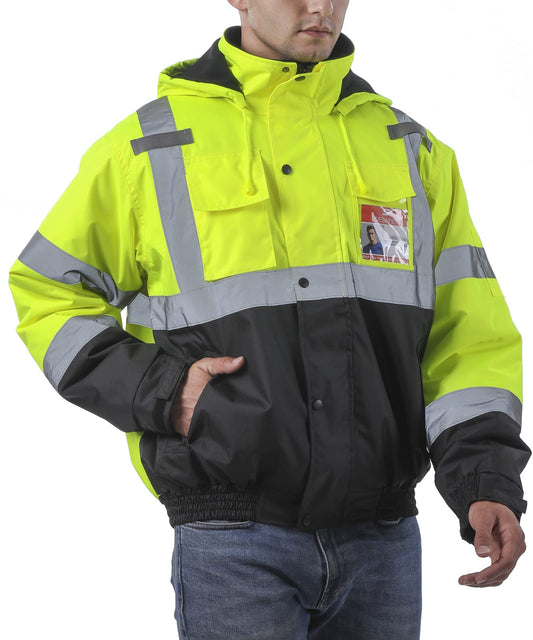 Mens High Visibility Jacket Waterproof with Hood, Reflective Hi Vis Winter Jacket, Safety Work Yellow Jackets for Men