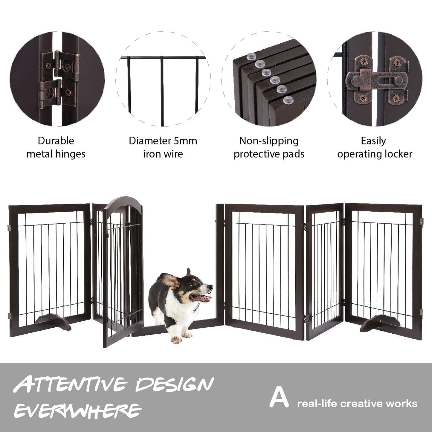 PAWLAND 144-inch Extra Wide 30-inches Tall Dog gate with Door Walk Through, Freestanding Wire Pet Gate for The House, Doorway, Stairs, Pet Puppy Safety Fence, Support Feet Included, Espresso,6 Panels