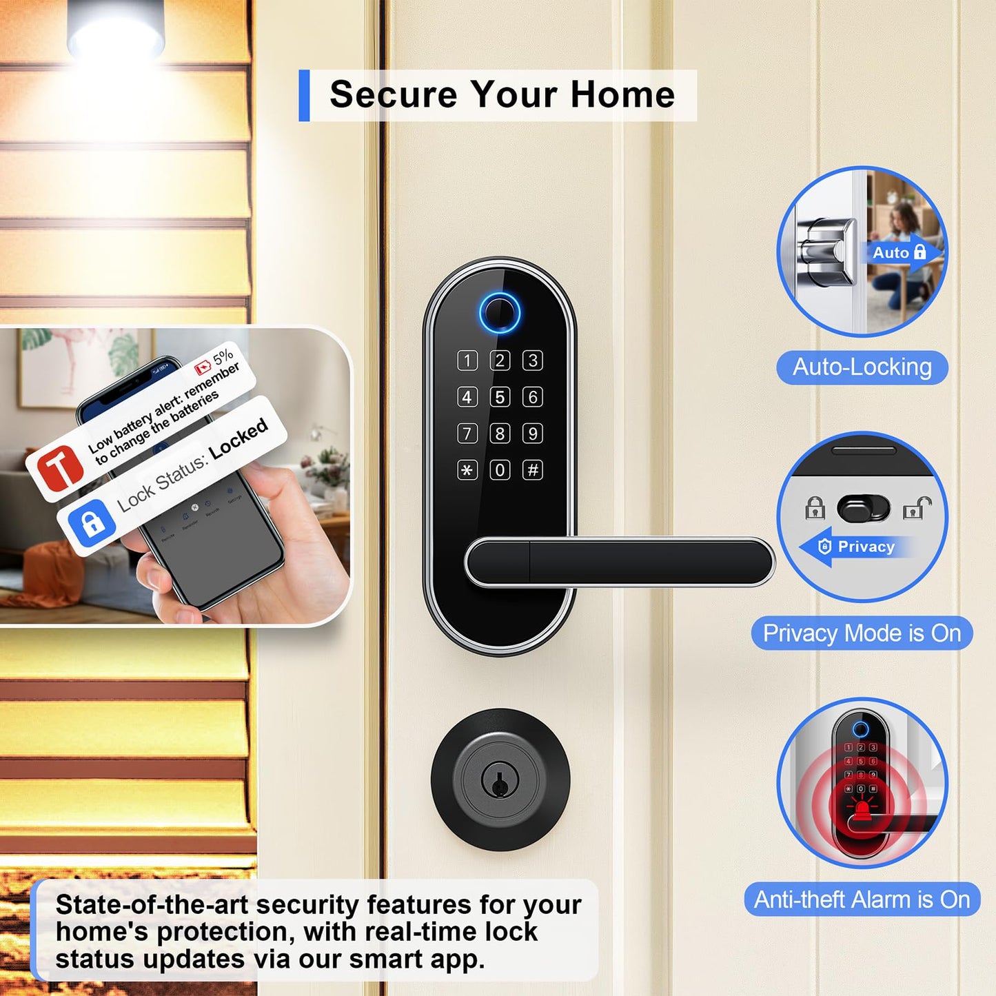 Keyless-Entry Keypad Fingerprint Smart Lock: Digital Door Lock with Code Passcode, Electronic Door Handle, Biometric Door Knob for Entry Door, Bedroom Door (Silver)