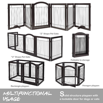 PAWLAND 144-inch Extra Wide 30-inches Tall Dog gate with Door Walk Through, Freestanding Wire Pet Gate for The House, Doorway, Stairs, Pet Puppy Safety Fence, Support Feet Included, Espresso,6 Panels