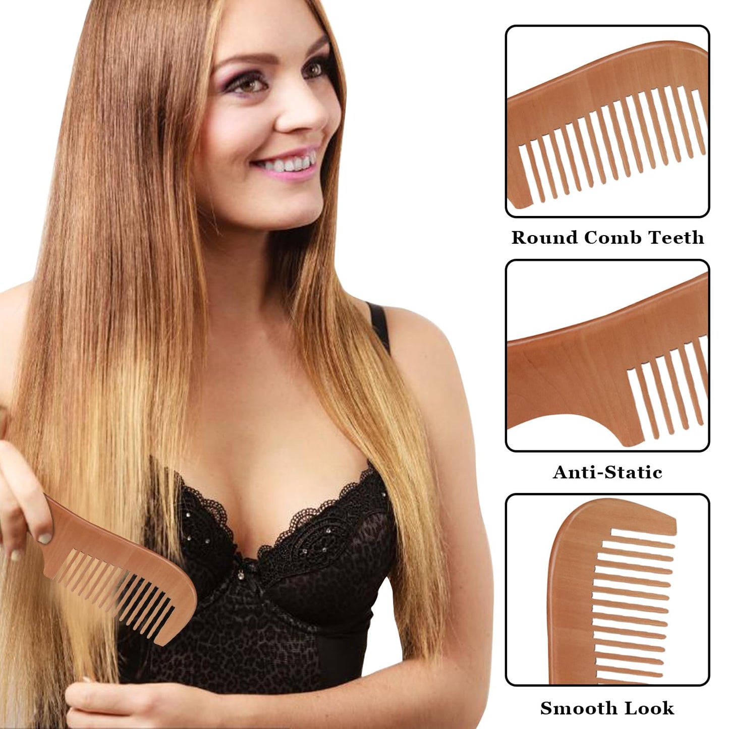 4 Pcs Natural Bamboo Comb Set for Women & Men - Wide Tooth Detangling, Beard & Labor Combs for Curly, Thick, Wavy Hair with Gift Bag