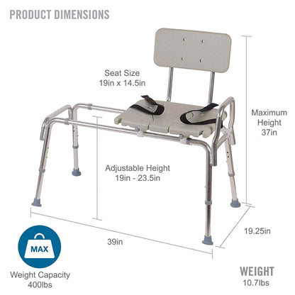 DMI Tub Transfer Bench and Shower Chair with Non Slip Aluminum Body, FSA Eligible, Adjustable Seat Height and Cut Out Access, Holds Weight up to 400 Lbs, Bath and Shower Safety, Transfer Bench