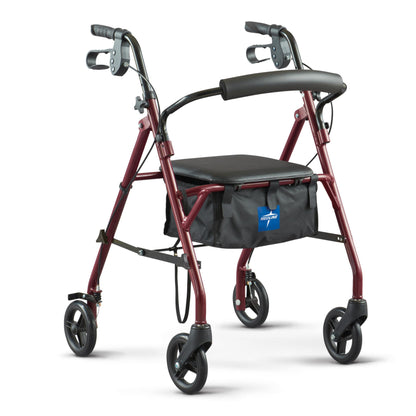 Medline Steel Rollator Walker with Seat, Burgundy, 350 lb. Weight Capacity, 6” Wheels, Foldable, Adjustable Handles, Rolling Walker for Seniors, Walker for Mobility Impaired