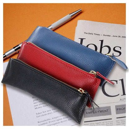 BTSKY Genuine Leather Pencil Case - Zippered Pen Case Stationery Bag Zipper Pouch Pencil Holder(Blue)