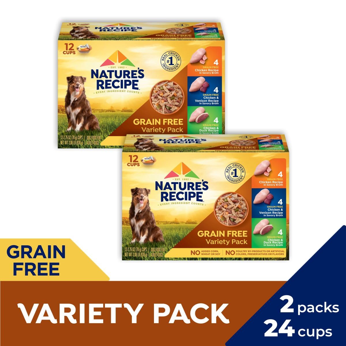 Nature's Recipe Grain Free Wet Dog Food, Chicken/Venison/Duck Variety Pack, 2.75 Ounce Cup (Pack of 24)