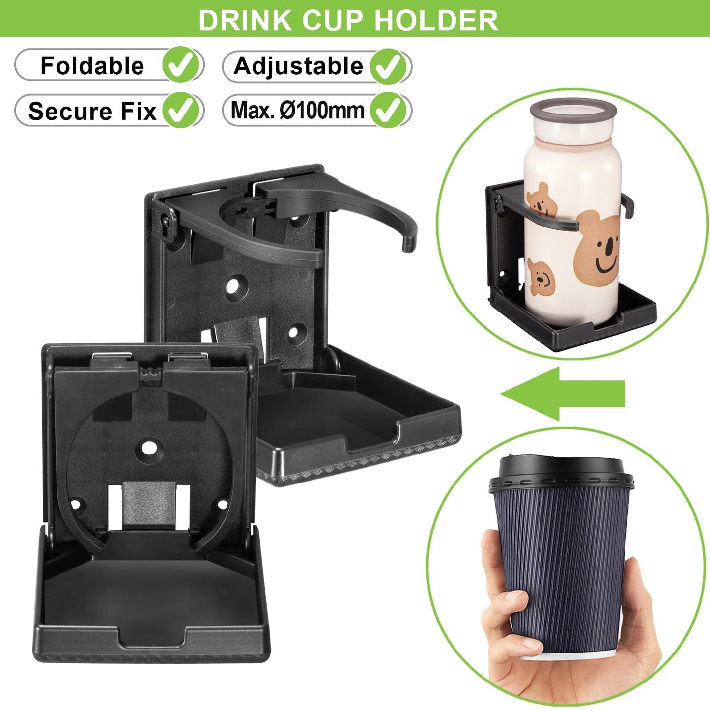 Spurtar 2pcs Adjustable Folding Drink Holder Fit Most Size Mugs Bottle Wall Cup Holder Car Water Bottle Holder for Trucks, RVs, Vans, Boats, Campers, Caravans 60-100MM