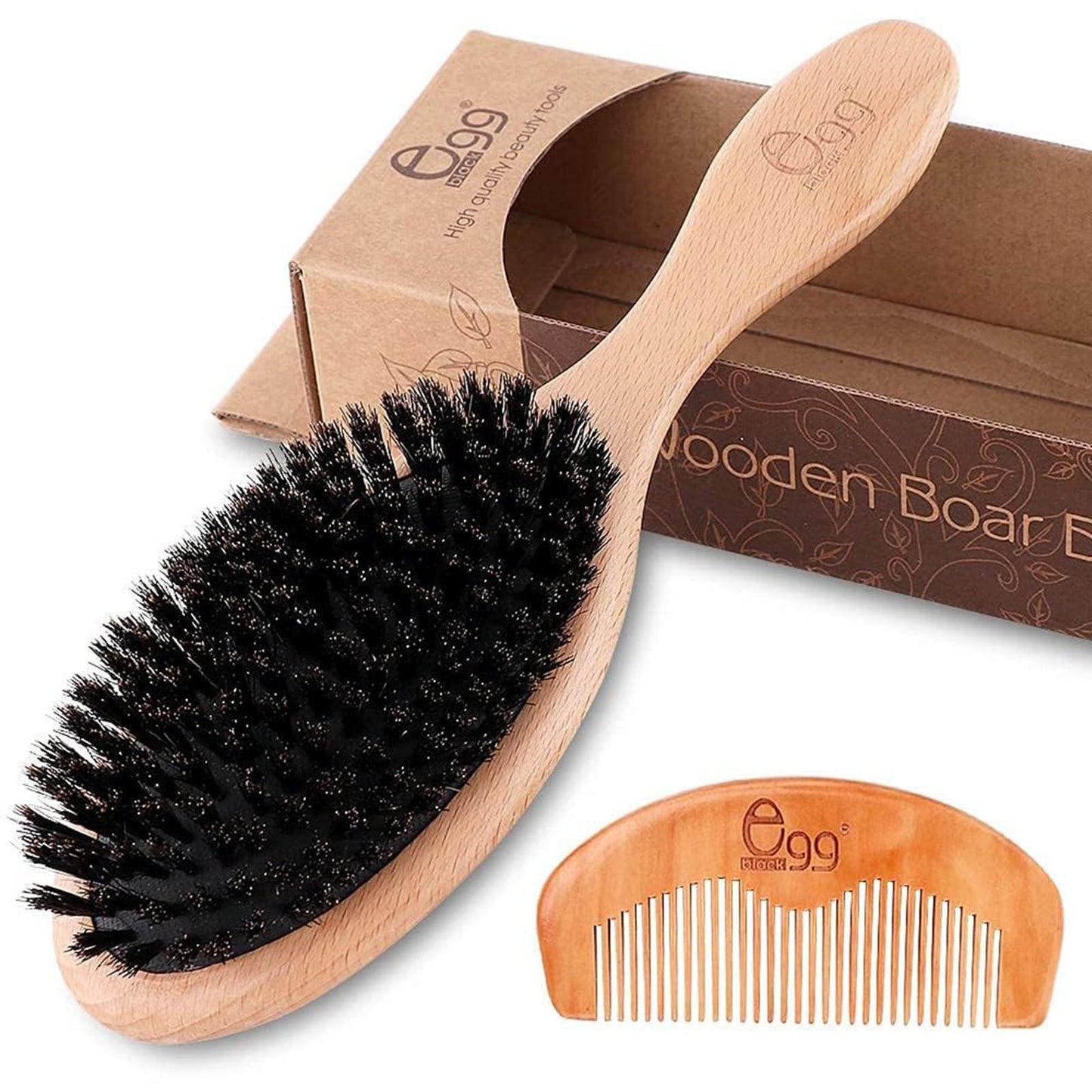 BLACK EGG Boar Bristle Hair Brush for Women Men Kid, Soft Natural Bristles Brush for Thin and Fine Hair, Restore Shine and Texture, Set includes Bamboo comb and 3 hair ties