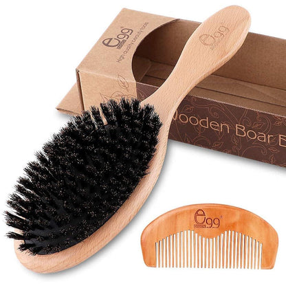 BLACK EGG Boar Bristle Hair Brush for Women Men Kid, Soft Natural Bristles Brush for Thin and Fine Hair, Restore Shine and Texture, Set includes Bamboo comb and 3 hair ties