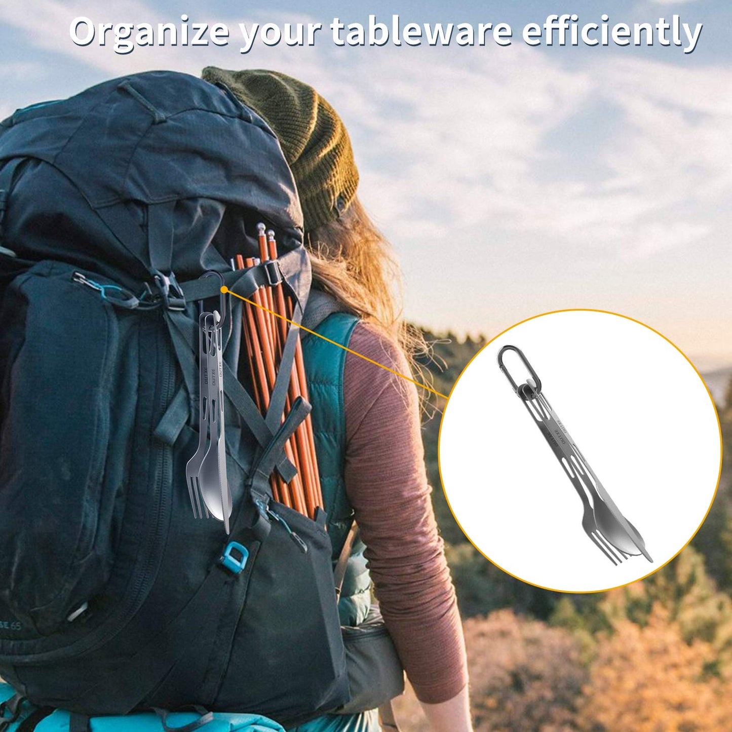 OUTXE Titanium Flatware Knife Fork Spoon Set Lightweight Ti Camping Utility Cutlery Set with Carrying Bag for Traveling Picnic Hiking