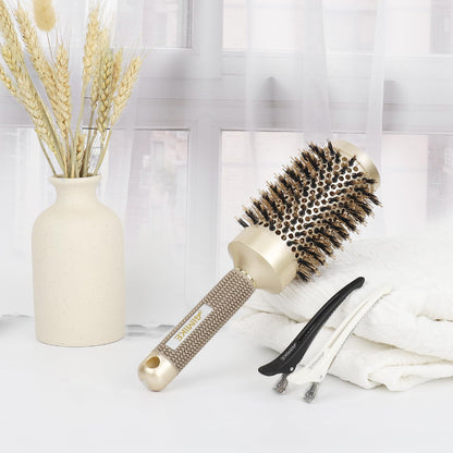 AIMIKE Round Hair Brush, Nano Thermal Ceramic & Ionic Tech, 2.1 Inch Barrel with Boar Bristles for Enhanced Texture, Golden, Hair Drying, Styling, Curling and Shine + 4 Free Clips