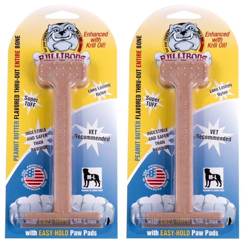 Bullibone Nylon Dog Chew Toy Nylon Bone - Improves Dental Hygiene, Easy to Grip Bottom, and Permeated with Flavor (Peanut Butter, Large - 2 Pack)