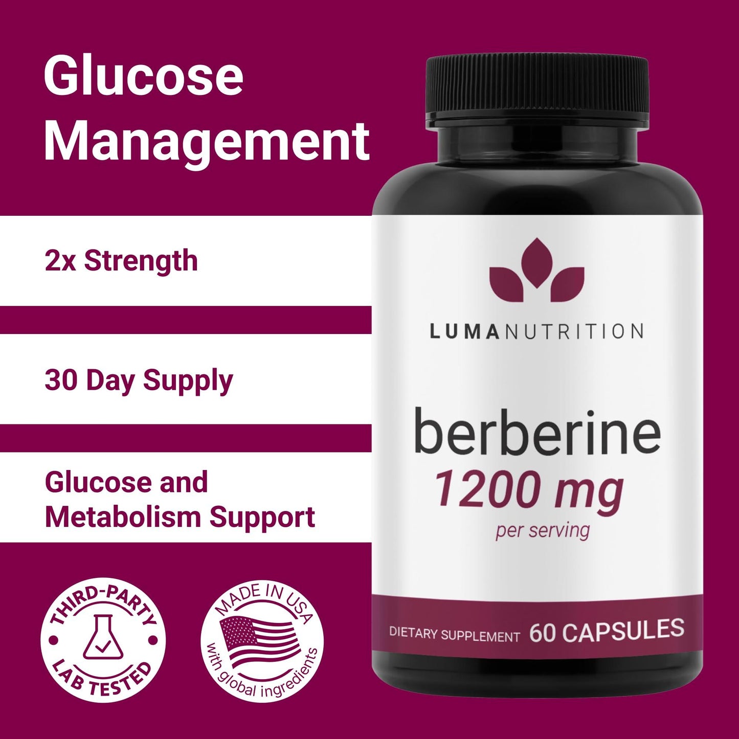 Luma Nutrition Berberine Supplement - Berberine 1200mg Per Serving - Berberine HCI - Berberine Plus - 60 Capsules