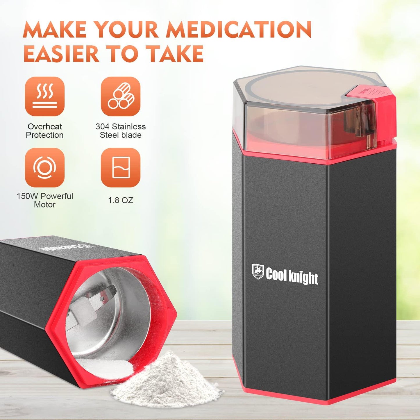 COOL KNIGHT Electric Pill Crusher, Suitable for Grind and Pulverize Multiple Pills, Small or Large Medication and Vitamin Tablets to Fine Powder