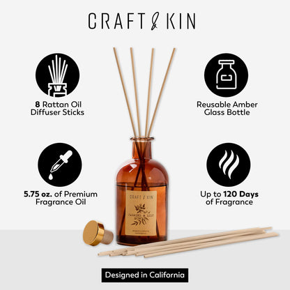 Jasmine & Lily Reed Diffuser | Includes All Natural Essential Oil & 8 Rattan Scent Sticks | Reed Diffuser Set for Bathroom | Reed Diffusers for Home | Long Lasting Home Fragrance in Amber Glass-5.75oz