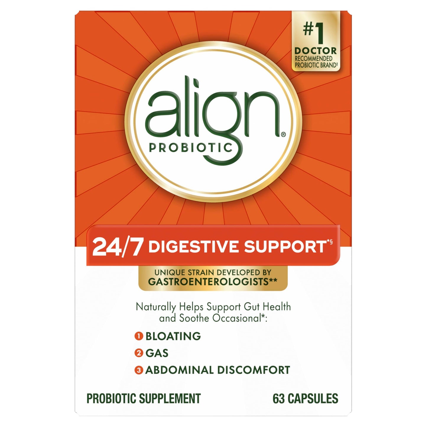 Align Probiotic, Probiotics for Women and Men, Daily Probiotic Supplement for Digestive Health*, #1 Recommended Probiotic by Doctors and Gastroenterologists‡, 63 Capsules