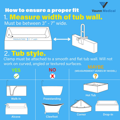 Vaunn Adjustable Bathtub Safety Rail Shower Grab Bar Handle, Stainless Steel, White