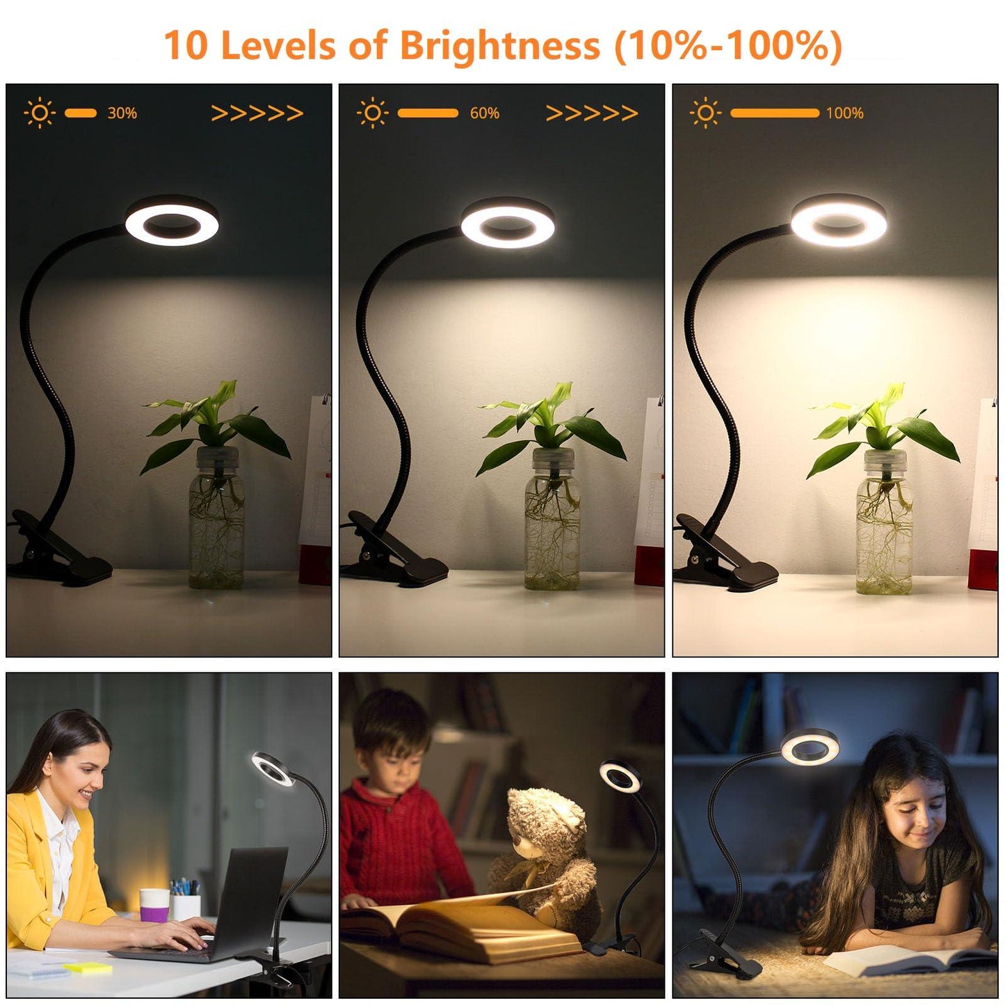 Woputne Desk Clip on Lamp for Reading Home Office, 10 Dimmable Brightness 3 Modes, Clamp Light for Bed Headboard, Craft