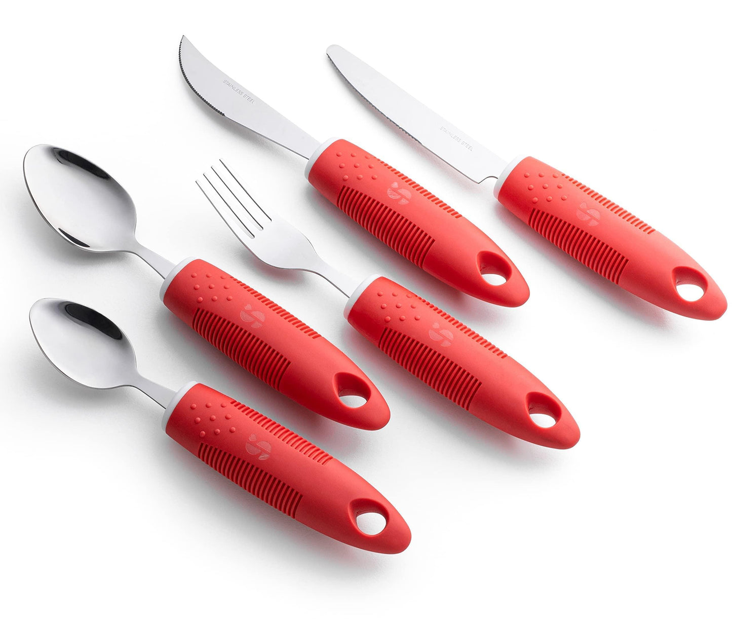 Special Supplies Adaptive Utensils (5-Piece Kitchen Set) Wide, Non-Weighted, Non-Slip Handles for Hand Tremors, Arthritis, Parkinson’s or Elderly Use (Red)