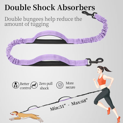 iYoShop Hands Free Dog Leash with Zipper Pouch, Dual Padded Handles and Durable Bungee for Walking, Jogging and Running Your Dog (Large, 25-120 lbs, Lavender)