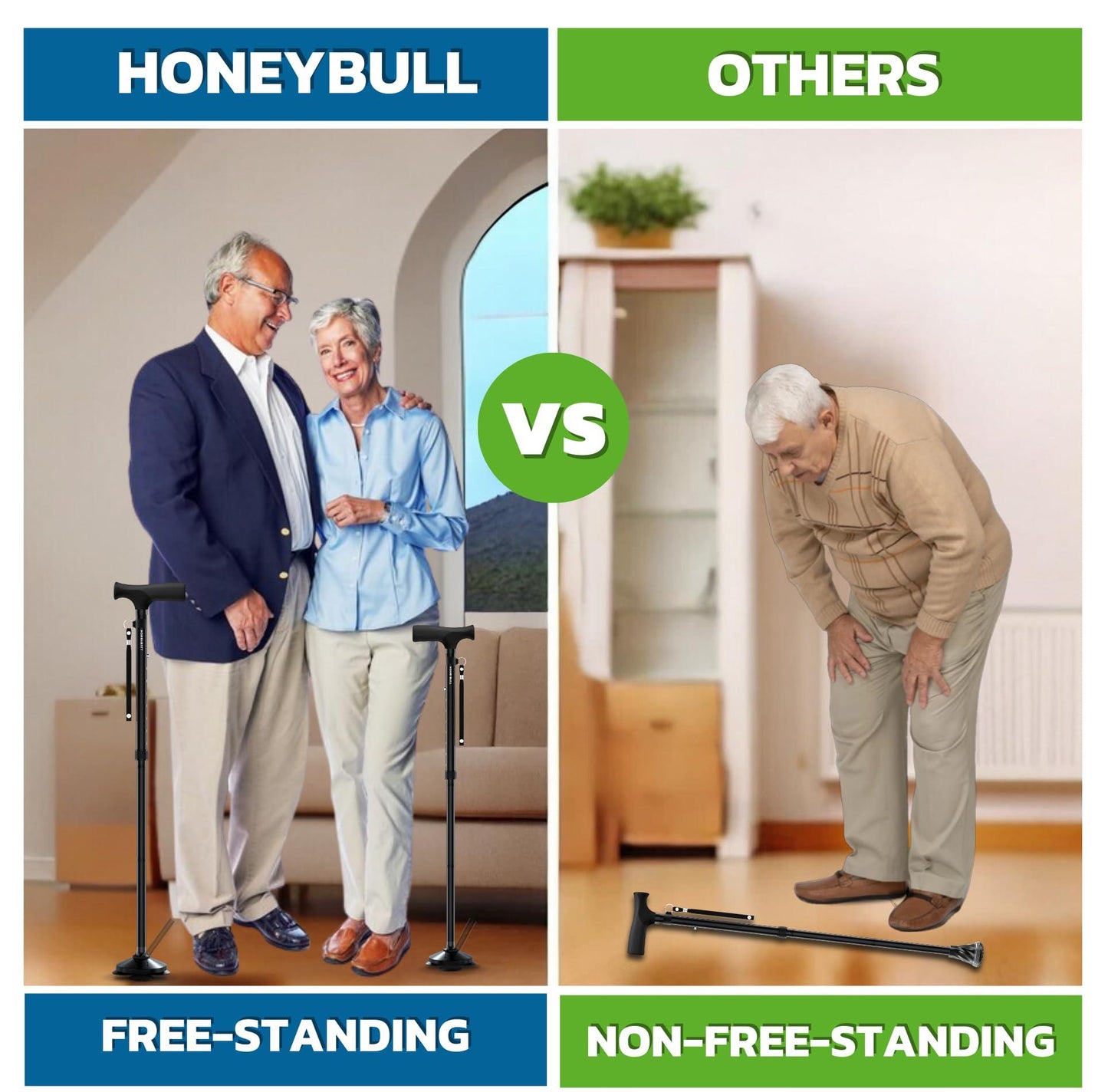 HONEYBULL Walking Cane for Men & Women - Foldable, Adjustable, Collapsible, Free Standing Cane, Pivot Tip, Heavy Duty | Walking Sticks, Folding Canes for Seniors & Adults [Black]