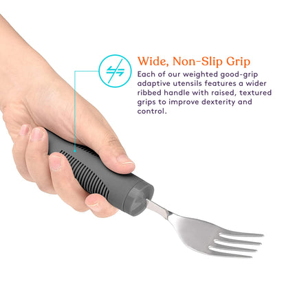 Special Supplies Adaptive Utensils (4-Piece Kitchen Set) Weighted, Non-Slip Handles for Hand Tremors, Arthritis, Parkinson’s Elderly use - Stainless Steel Knife, Fork, Spoons (Grey)