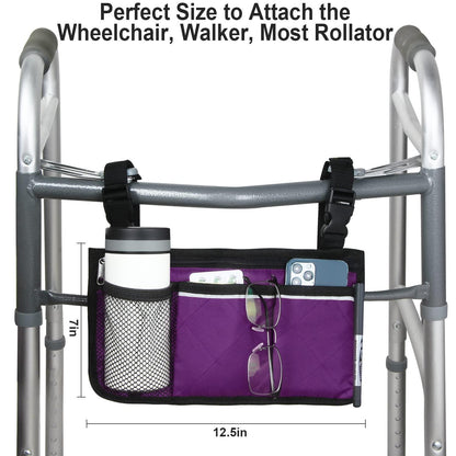 Wheelchair Side Bag, Armrest Storage Pouch with Cup Holder and Reflective Strip for Wheelchairs, Walkers or Rollators (Purple)