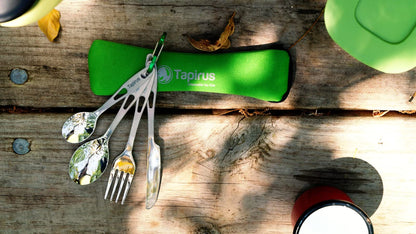 Tapirus Camp Utensils To Go | 6-piece Portable Set | Durable Stainless Steel | Light Weight Silverware With Waterproof Carrying Case | Ideal Equipment For Your Meal On The Go | Carabiner Included