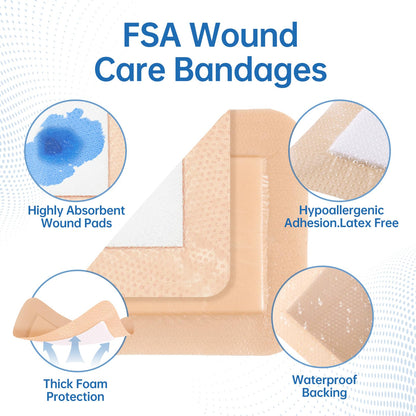 Niceful Silicone Foam Dressing 4"x4", Waterproof Silicone Bandages with Border Adhesive, High Absorbency Bed Sore Bandages Wound Care Dressing (2.5"X2.5" Pad), 5 Packs, FSA HSA Eligible