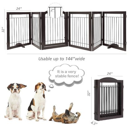 PAWLAND 144-inch Extra Wide 30-inches Tall Dog gate with Door Walk Through, Freestanding Wire Pet Gate for The House, Doorway, Stairs, Pet Puppy Safety Fence, Support Feet Included, Espresso,6 Panels