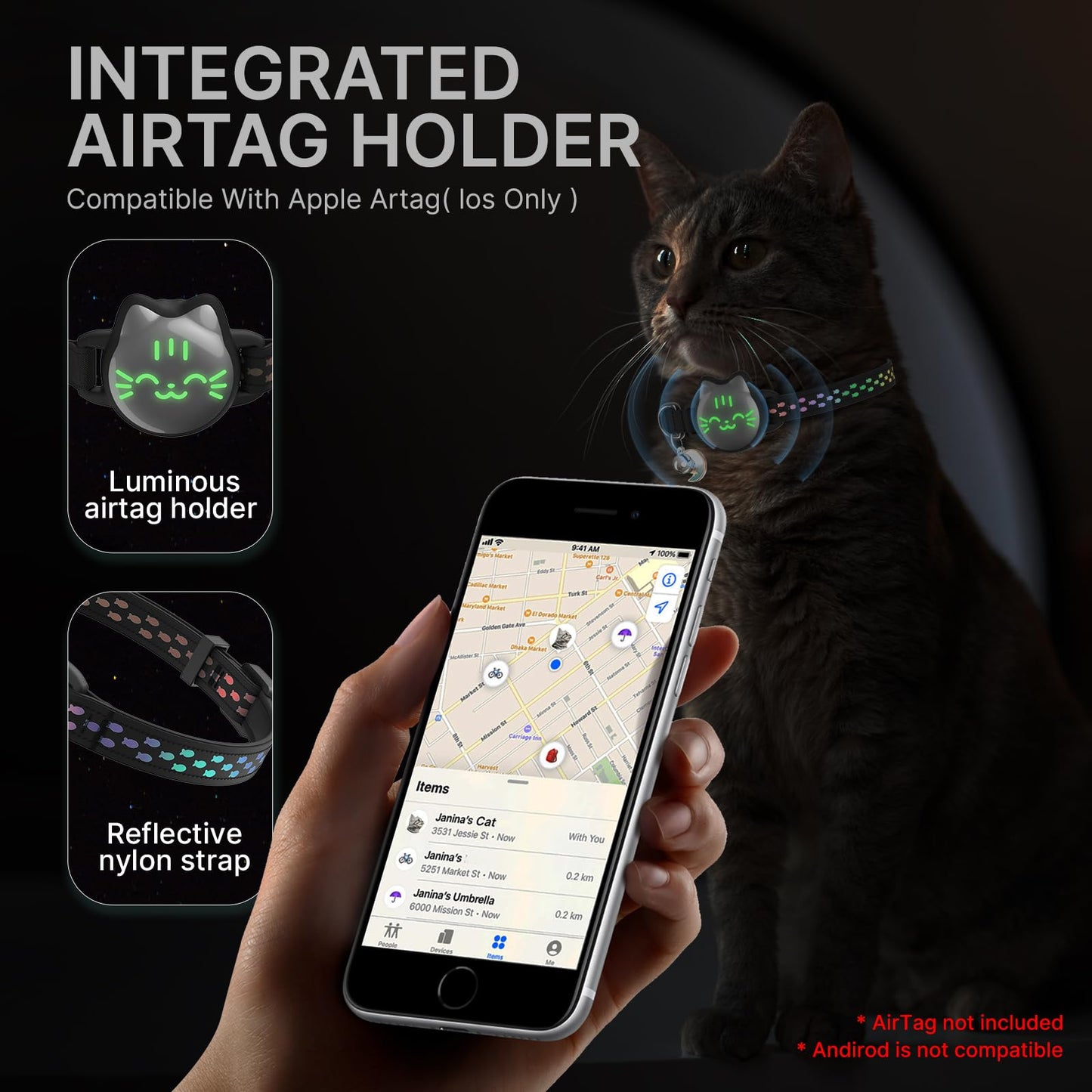 Waterproof Airtag Cat Collar, Breakaway Cat Airtag Collar with Luminous & Reflective Fish Pattern, Lightweight Kitten Collar for Apple Air tag, Hidden GPS Tracker Holder for Cats, Kittens(9-13")