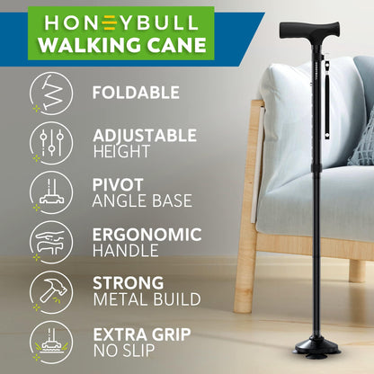 HONEYBULL Walking Cane for Men & Women - Foldable, Adjustable, Collapsible, Free Standing Cane, Pivot Tip, Heavy Duty | Walking Sticks, Folding Canes for Seniors & Adults [Black]