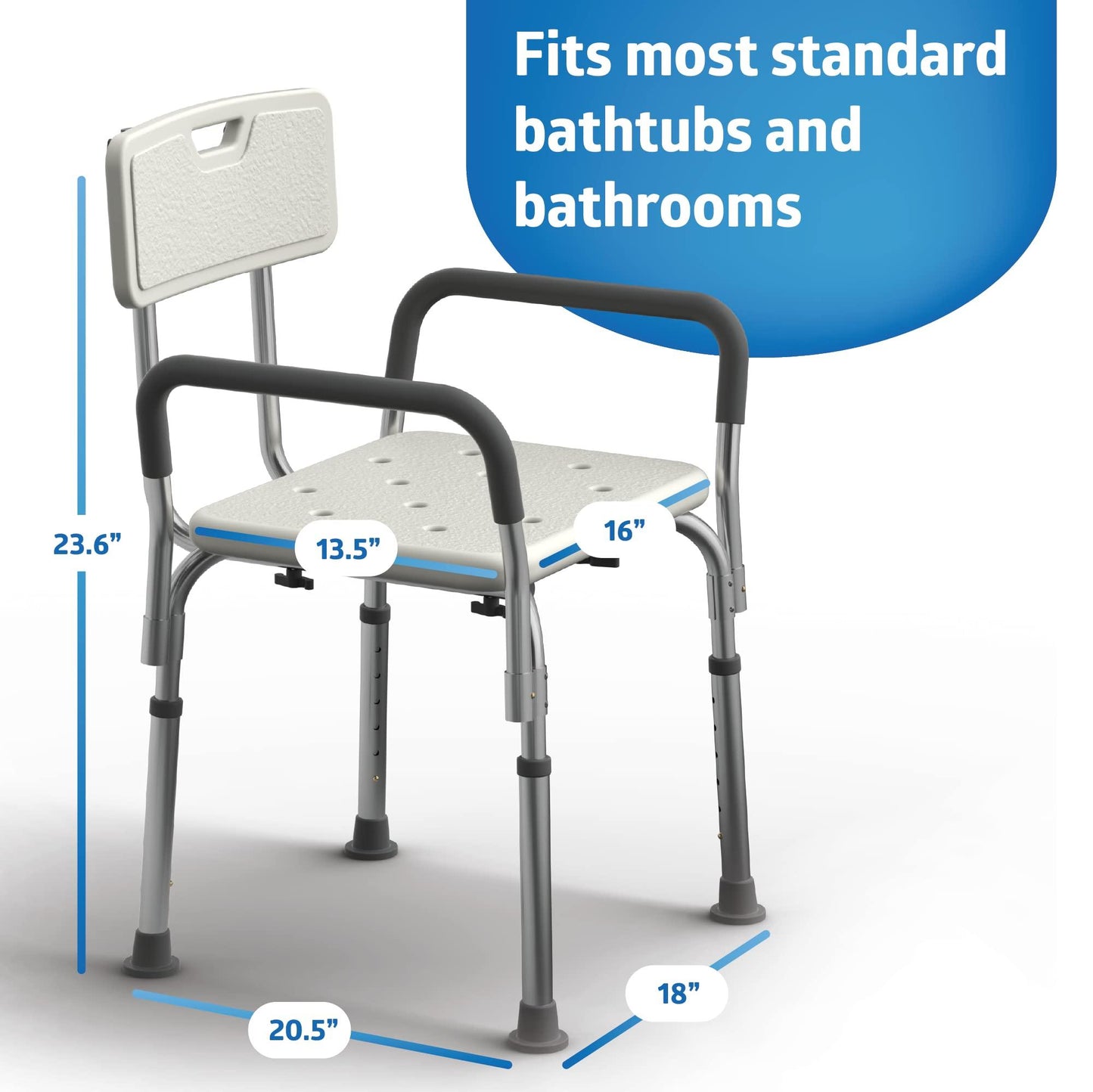 Medline Shower Chair Seat with Padded Armrests and Back | Heavy Duty Shower Chair for Bathtub | Slip Resistant Shower Seat with Adjustable Height | Shower Chair for Inside Shower with 350 lb Capacity