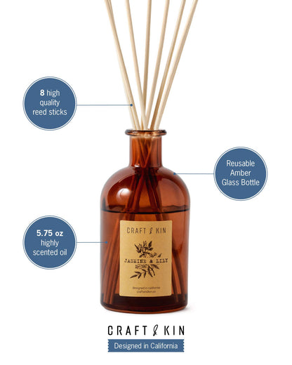 Jasmine & Lily Reed Diffuser | Includes All Natural Essential Oil & 8 Rattan Scent Sticks | Reed Diffuser Set for Bathroom | Reed Diffusers for Home | Long Lasting Home Fragrance in Amber Glass-5.75oz