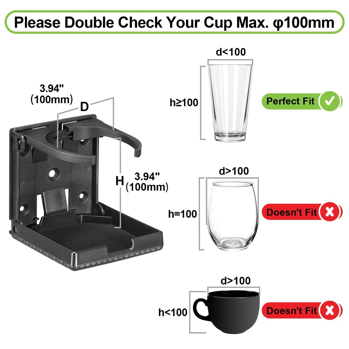 Spurtar 2pcs Adjustable Folding Drink Holder Fit Most Size Mugs Bottle Wall Cup Holder Car Water Bottle Holder for Trucks, RVs, Vans, Boats, Campers, Caravans 60-100MM