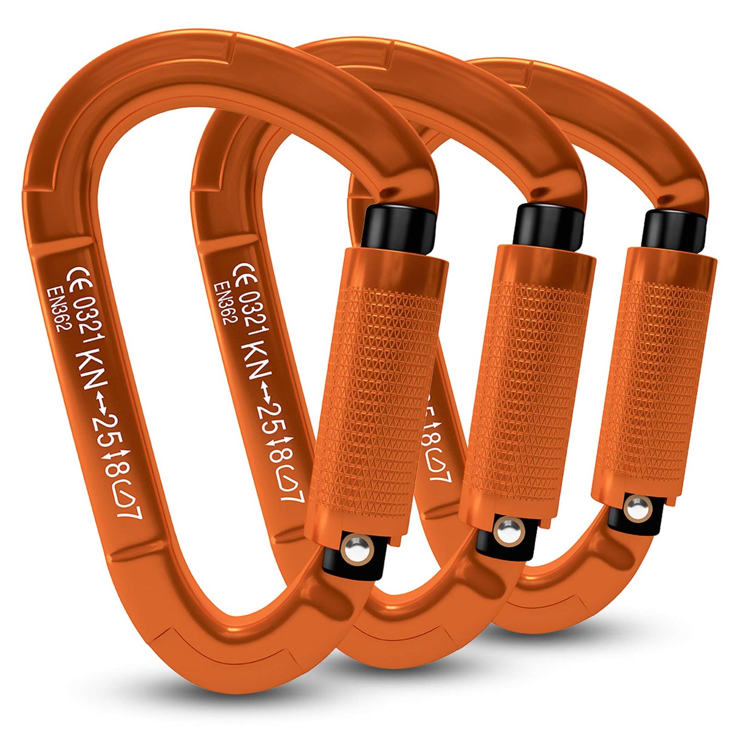 FVW 3 Pieces Heavy Duty Climbing Carabiners, 25KN UIAA Certified Auto Locking Rock Climbing Carabiners Clips for Hammocks, Swing, Locking Dog Leash and Harness, Camping, Hiking & Utility (Orange)