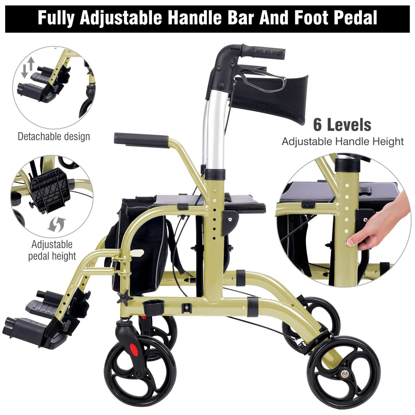 WINLOVE 2 in 1 Rollator Walkers for Seniors with Padded Seat- Medical Transport Chair Walker with Adjustable Handle and Reversible Backrest(Champagne)