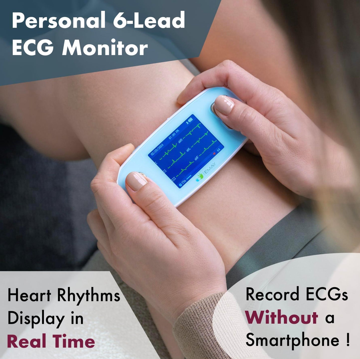 EMAY 6L Portable ECG Monitor | Record ECG and Heart Rate in 6 Channels | Compatible with Smartphone and PC | No Subscription Required