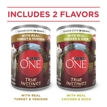 Purina ONE True Instinct Tender Cuts in Gravy With Real Turkey and Venison, and With Real Chicken and Duck High Protein Wet Dog Food Variety Pack - (Pack of 12) 13 oz. Cans