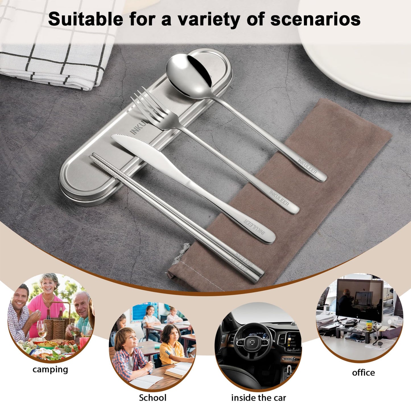 INKULEER Travel Cutlery Set - 18/8 Stainless Steel Reusable Utensils with Metal Case, Portable Silverware for Camping, Office, Travel & Outdoor Dining